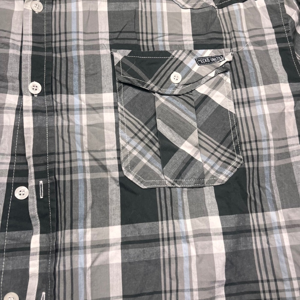Ecko Unltd Mens 4XL Plaid Button Down Shirt Grey Black Long Sleeve Back Logo Y2K - Picture 2 of 9